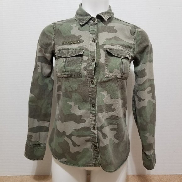 Mudd top XS camo print button up long sleeve army military stud embellishments - Picture 1 of 13